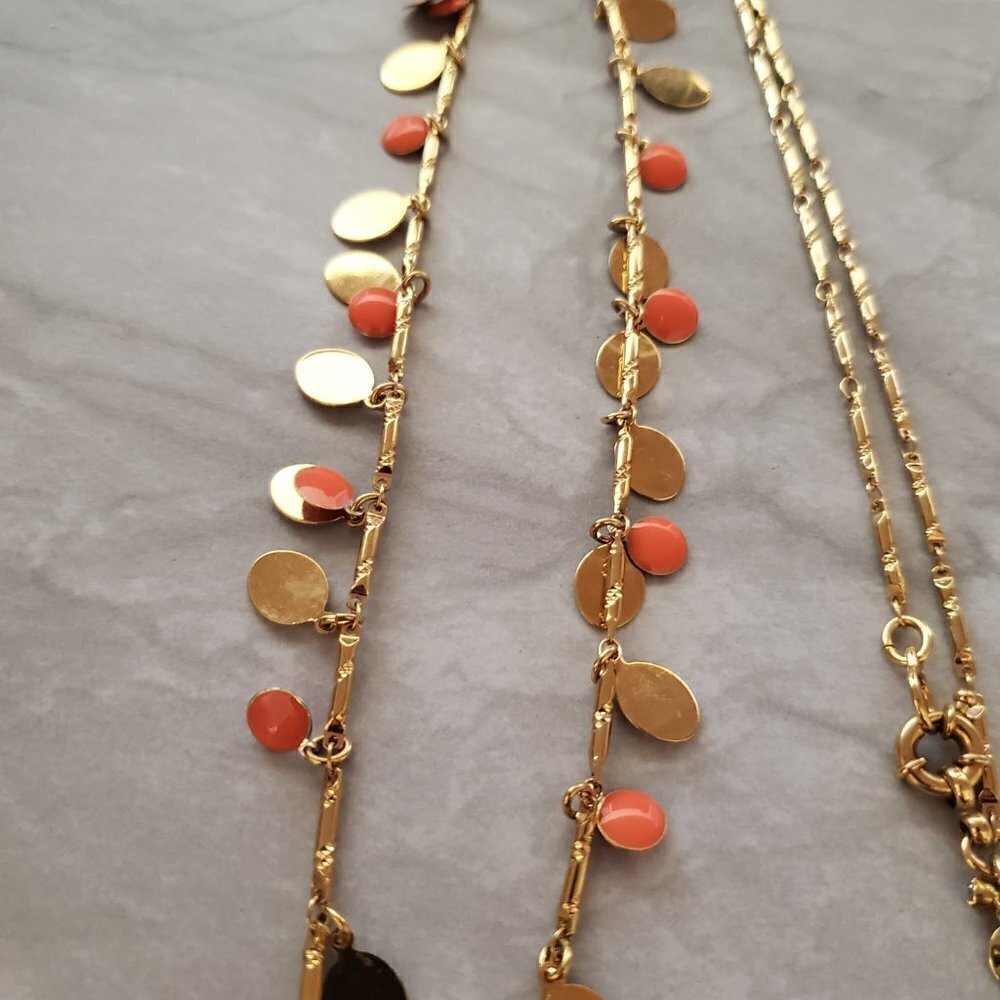 🧡 J.Crew Bright Orange Enamel Disk Gold Long Necklace 🧡 - Picture 3 of 8